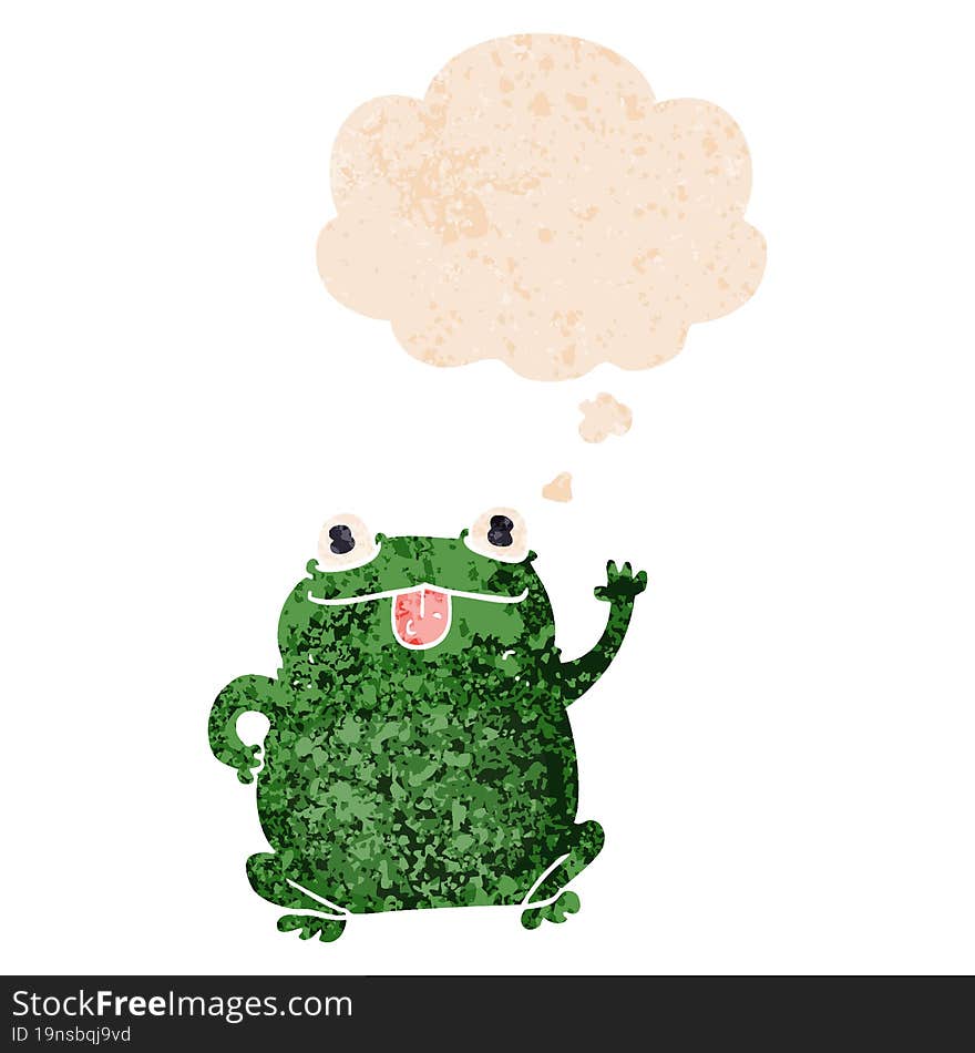 cartoon frog and thought bubble in retro textured style