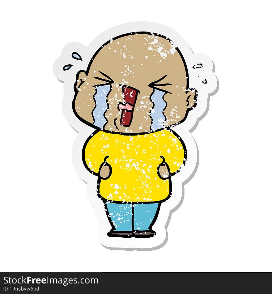 distressed sticker of a cartoon crying bald man