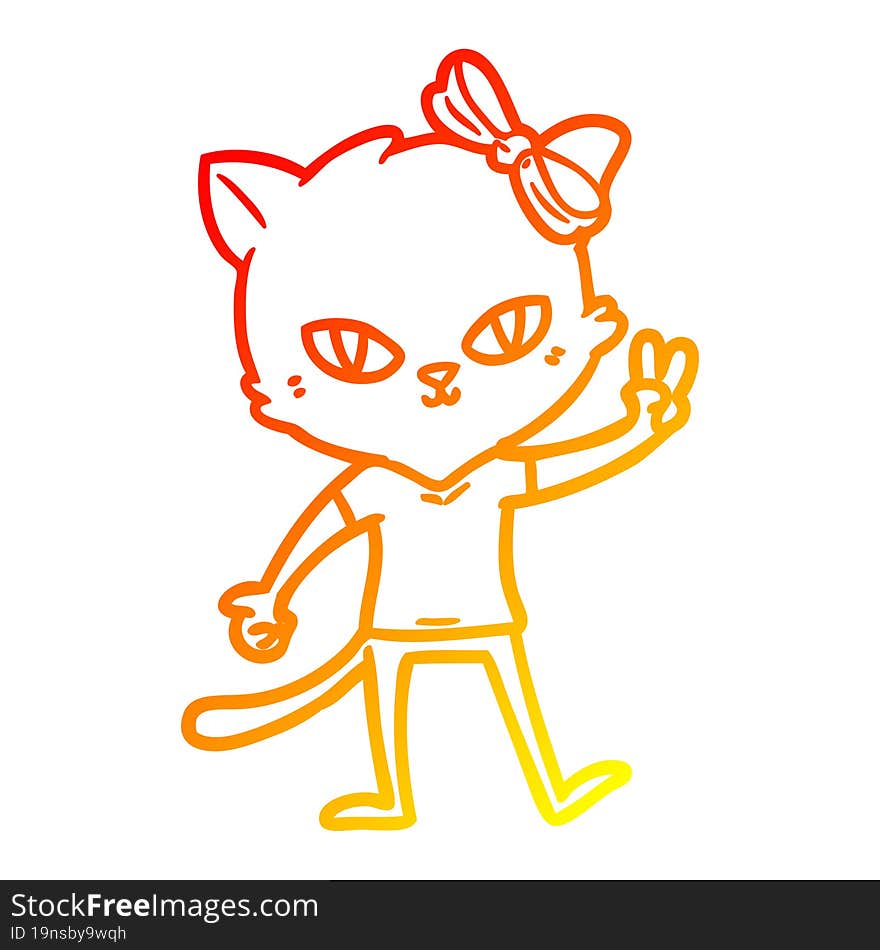 warm gradient line drawing of a cute cartoon cat girl giving peace sign