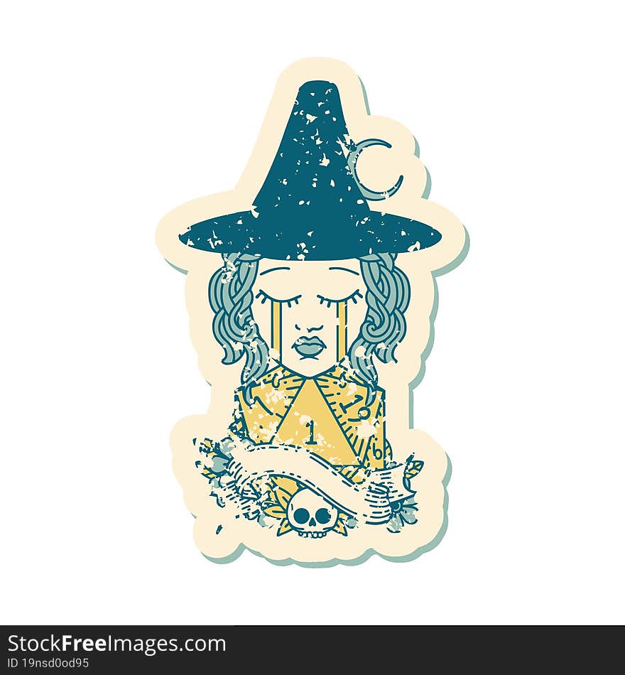 crying human witch with natural D20 roll illustration