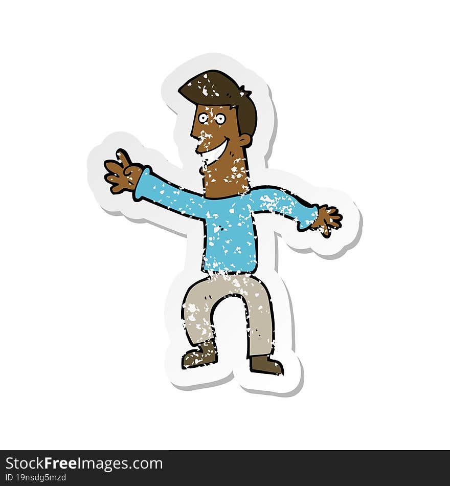 retro distressed sticker of a cartoon happy man dancing