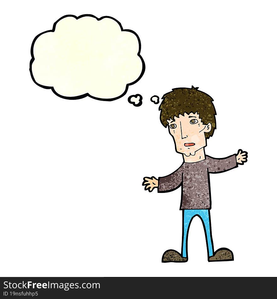 cartoon worried man with thought bubble