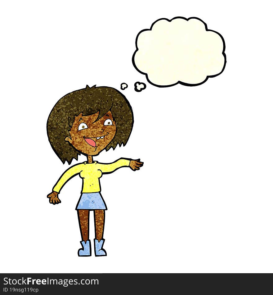 cartoon waving woman with thought bubble