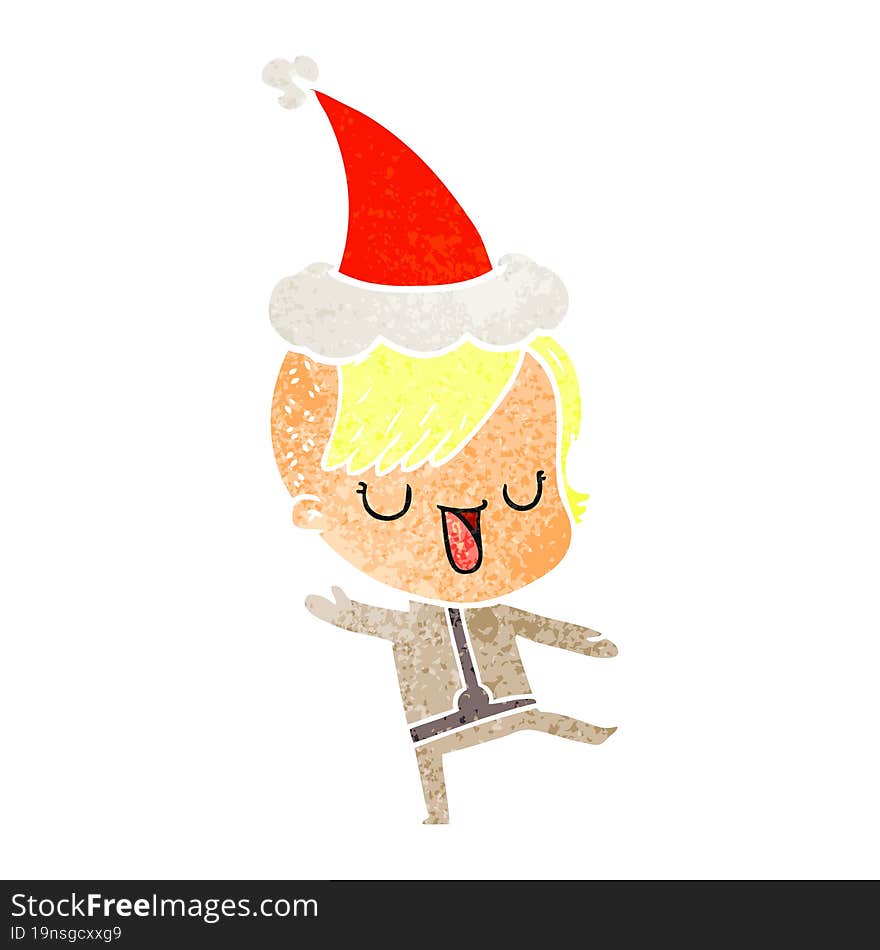 cute retro cartoon of a girl with hipster haircut wearing santa hat