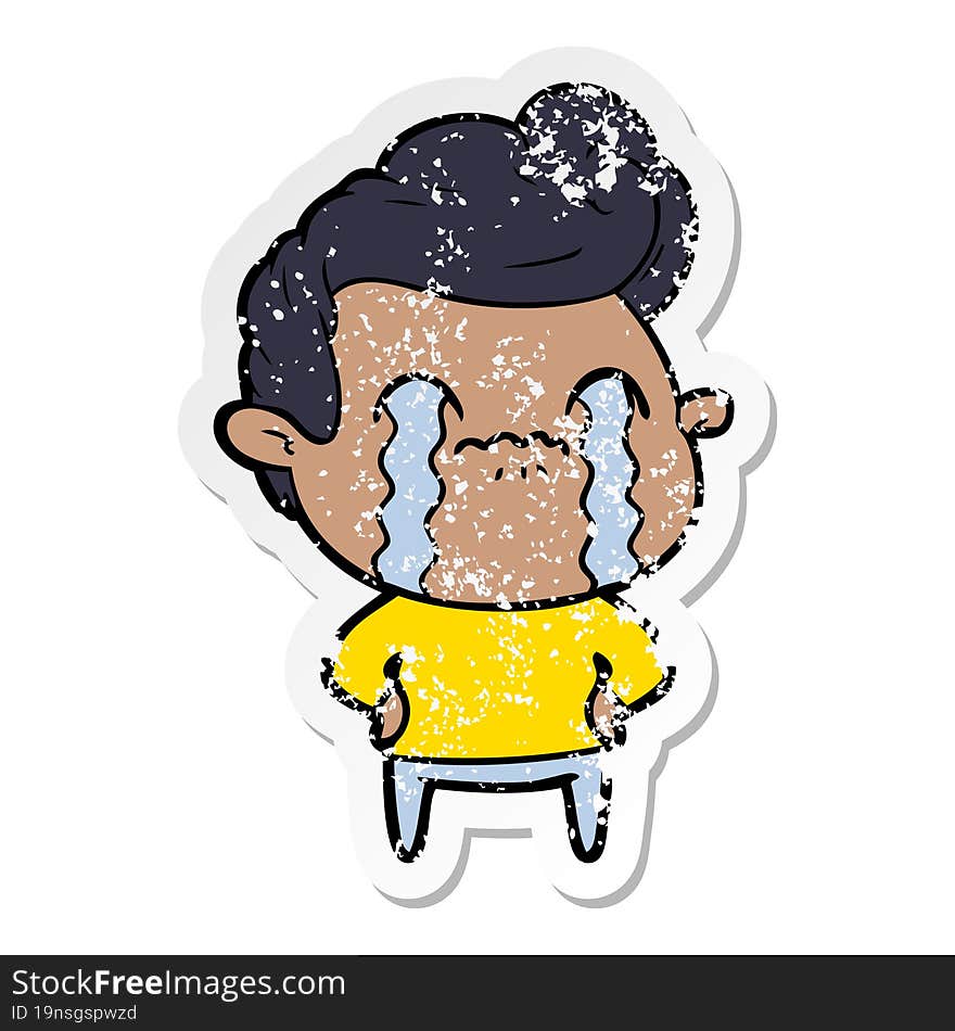 distressed sticker of a cartoon man crying