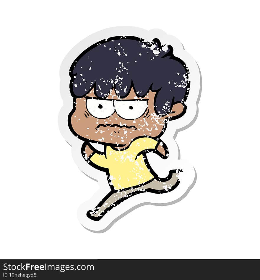 distressed sticker of a annoyed cartoon boy