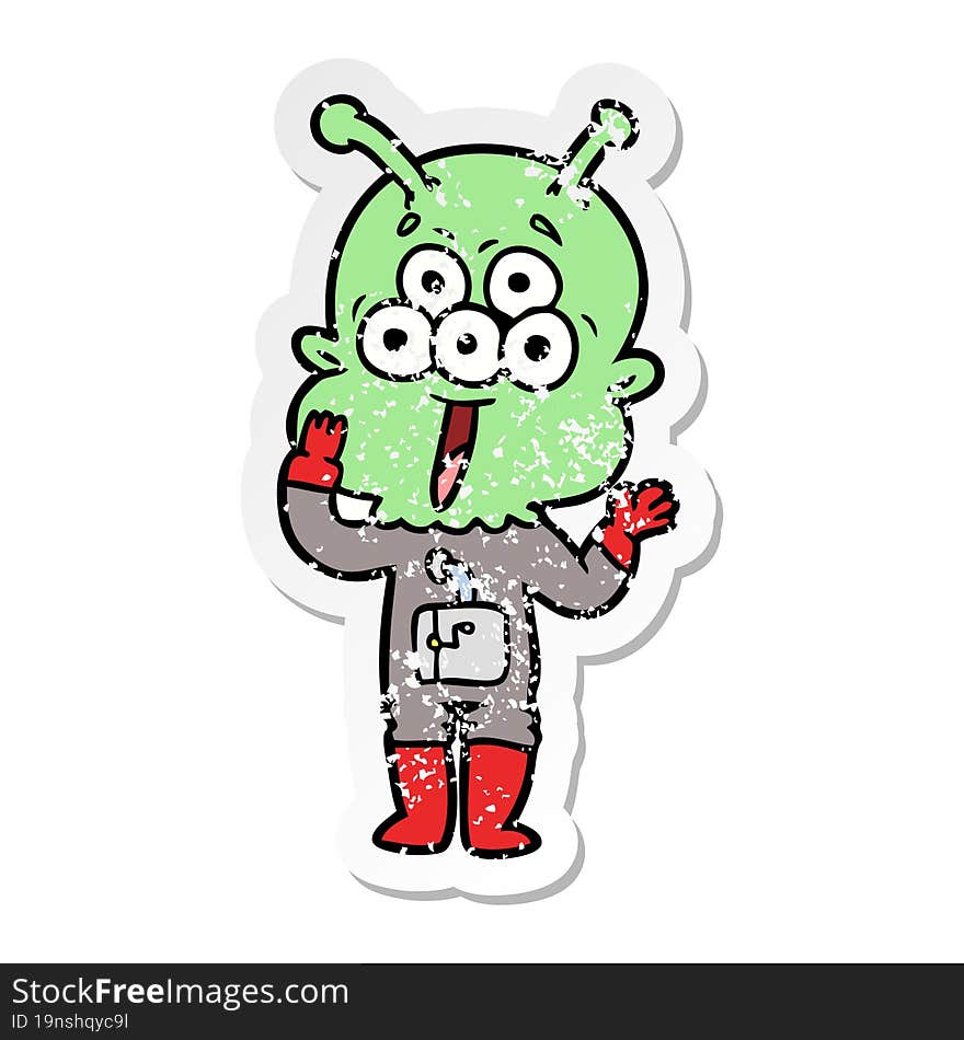 distressed sticker of a happy cartoon alien