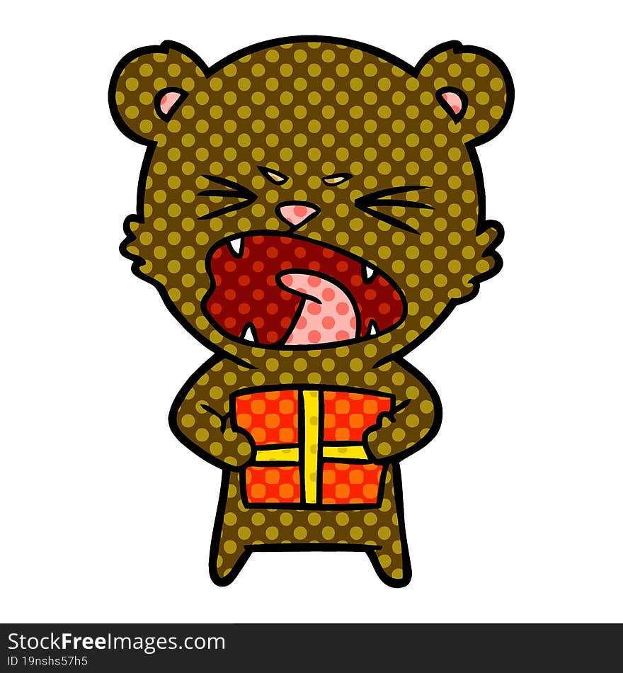 angry cartoon bear with present. angry cartoon bear with present