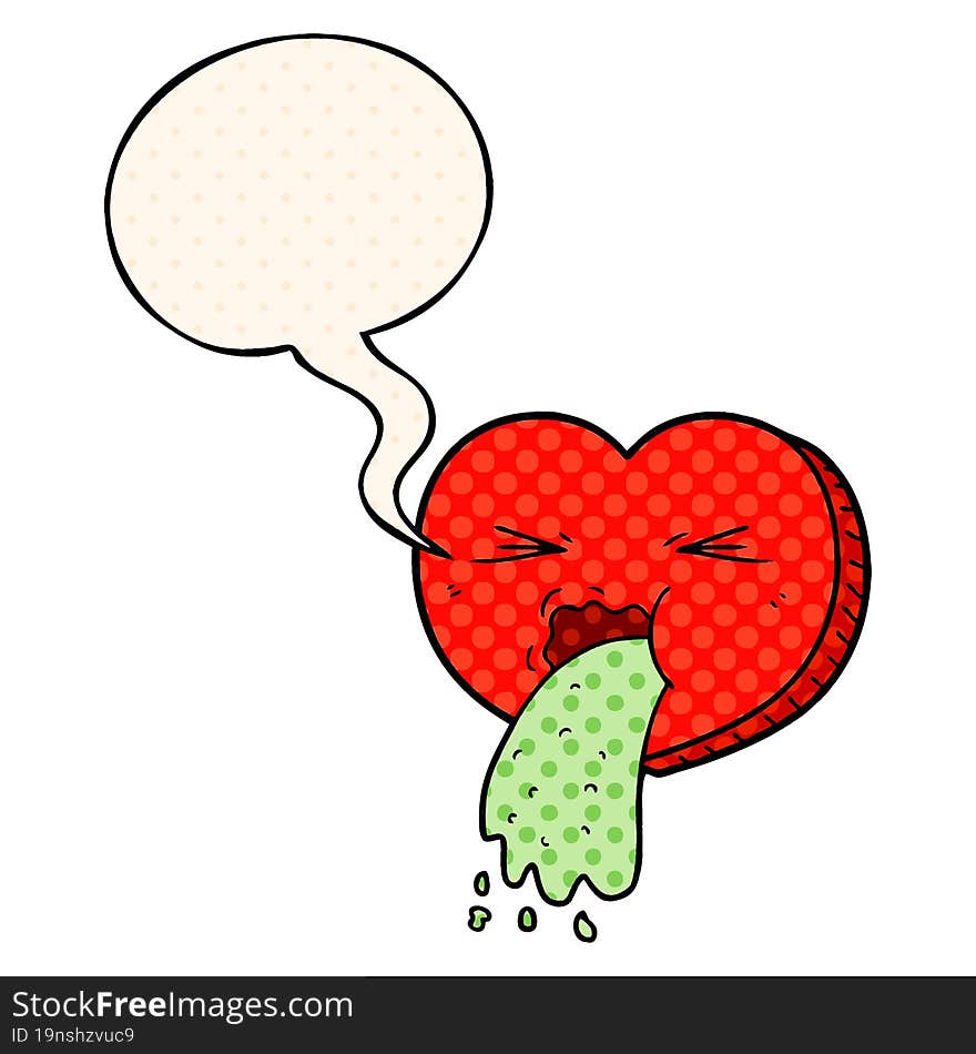 cartoon love sick heart with speech bubble in comic book style