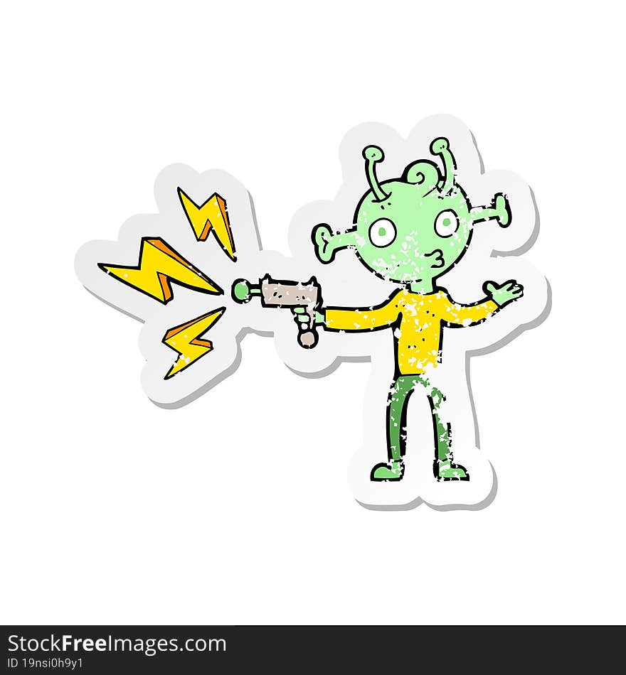 Retro Distressed Sticker Of A Cartoon Space Alien