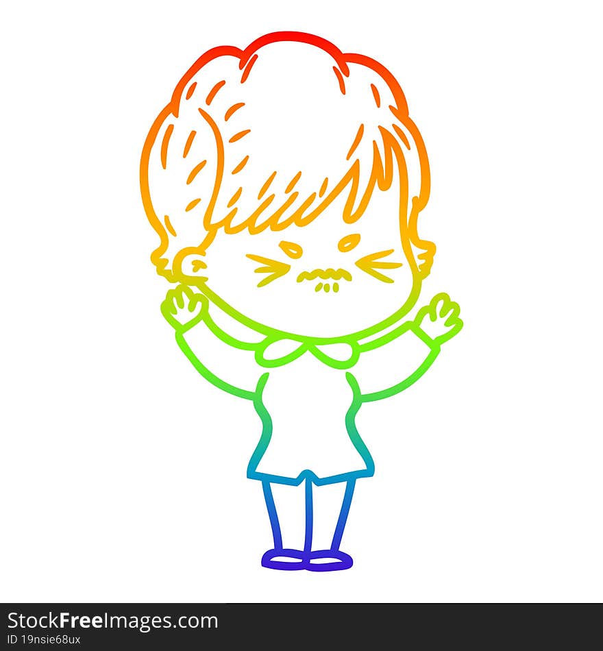 rainbow gradient line drawing of a cartoon frustrated woman