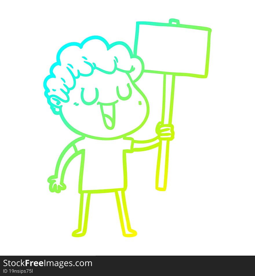 cold gradient line drawing of a laughing cartoon man with black signpost