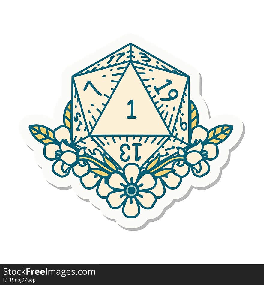 sticker of a natural one dice roll with floral elements. sticker of a natural one dice roll with floral elements