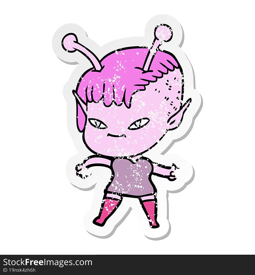 distressed sticker of a cute cartoon alien girl