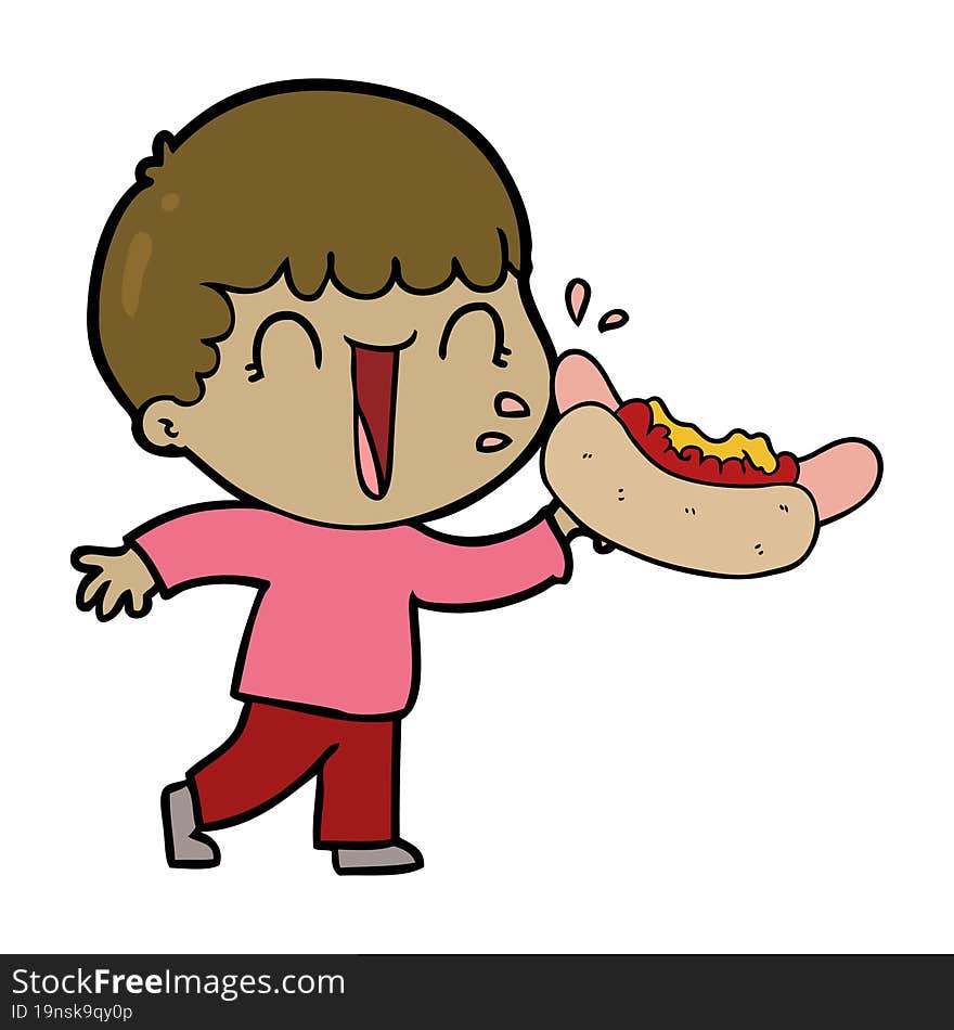 laughing cartoon man eating hot dog. laughing cartoon man eating hot dog