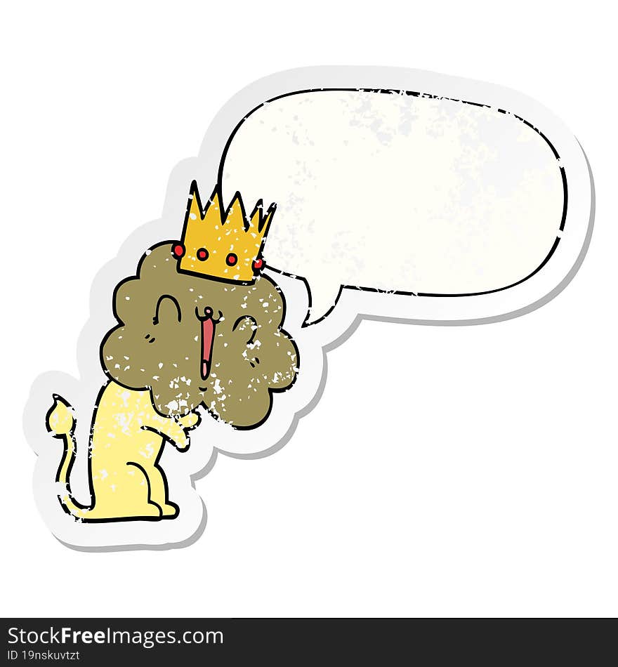 cartoon lion and crown and speech bubble distressed sticker