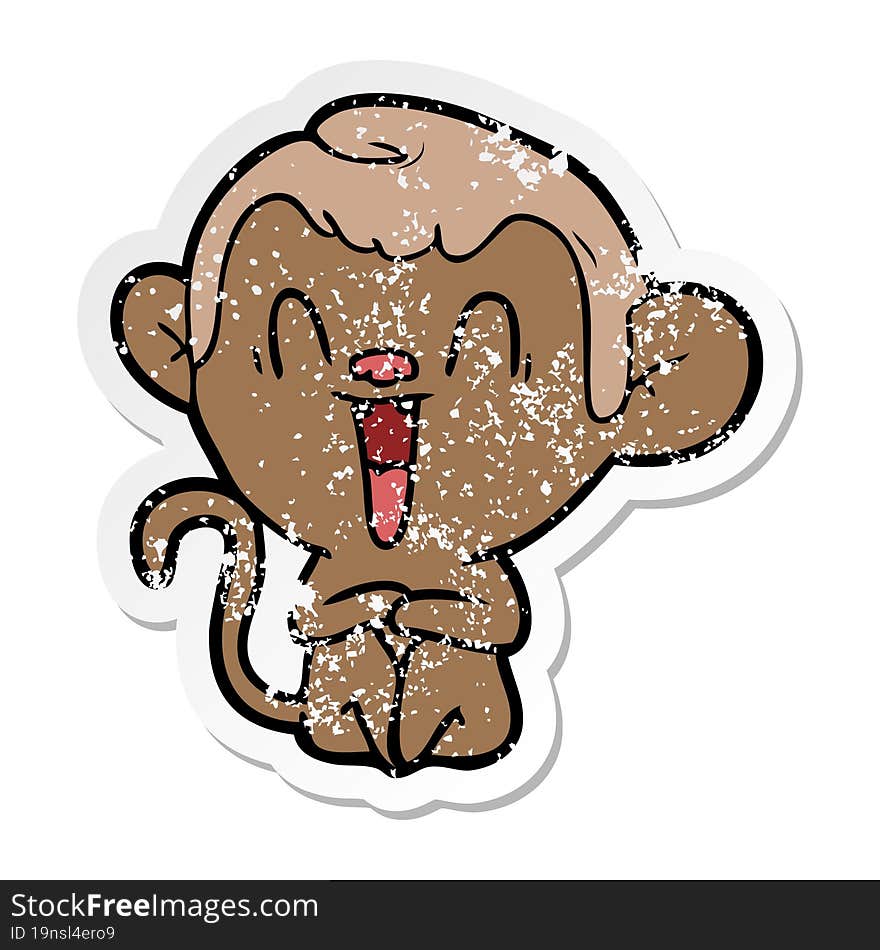 distressed sticker of a cartoon laughing monkey