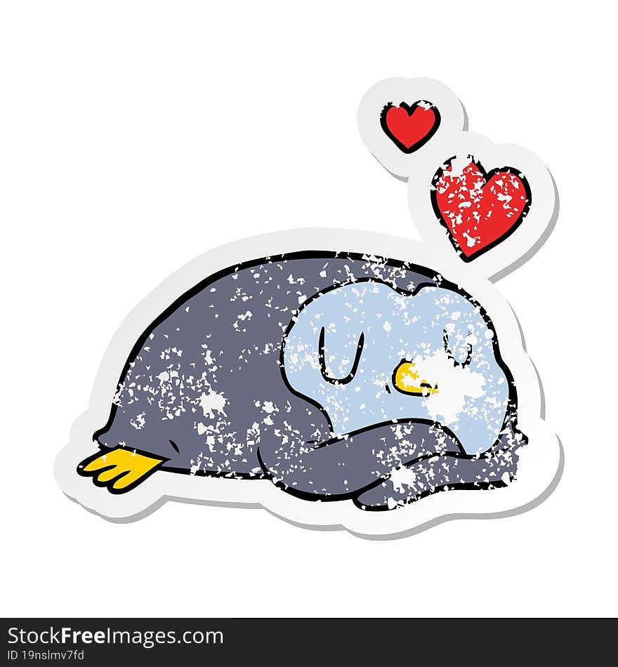 distressed sticker of a cartoon penguin in love