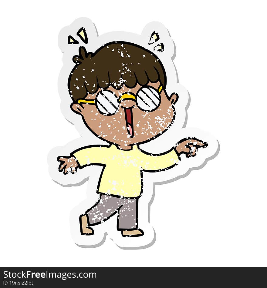 distressed sticker of a cartoon boy wearing spectacles