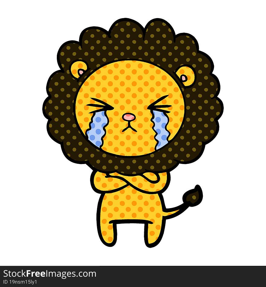 cartoon crying lion with crossed arms. cartoon crying lion with crossed arms