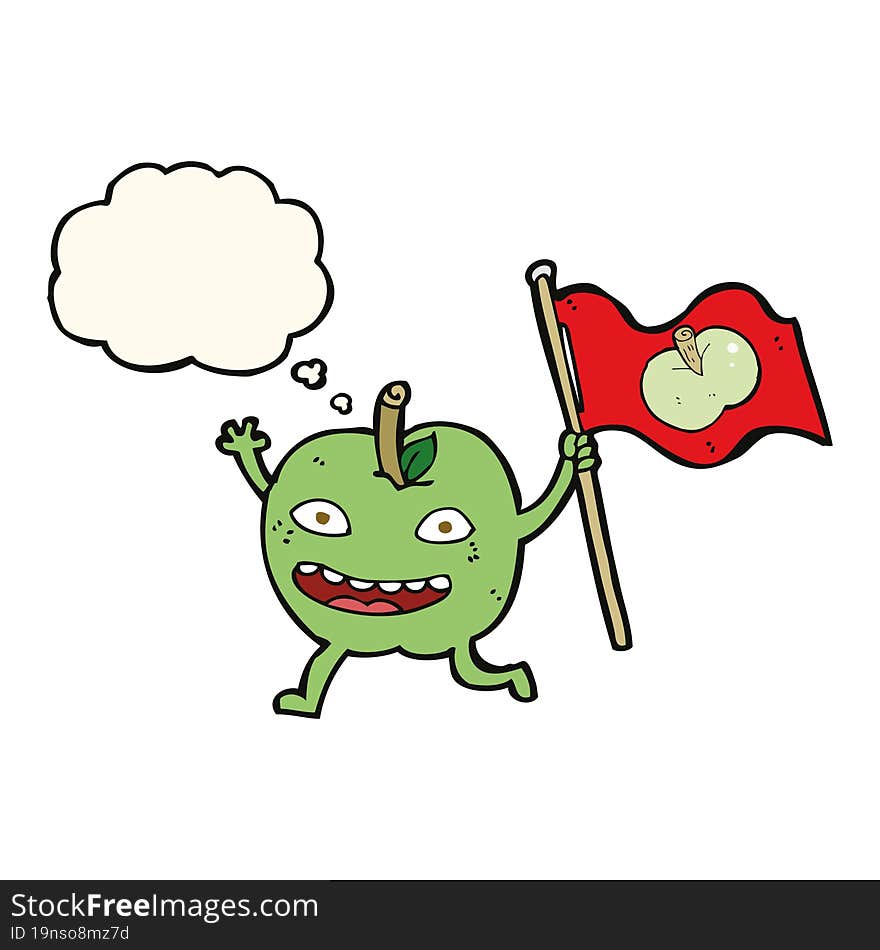 cartoon apple with flag with thought bubble