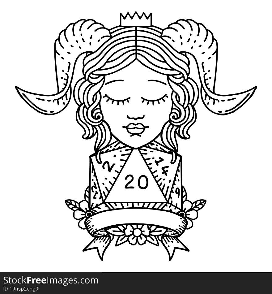 Black and White Tattoo linework Style tiefling with natural 20 D20 roll. Black and White Tattoo linework Style tiefling with natural 20 D20 roll