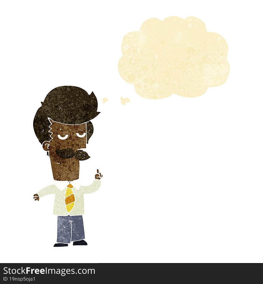 cartoon man with mustache explaining with thought bubble