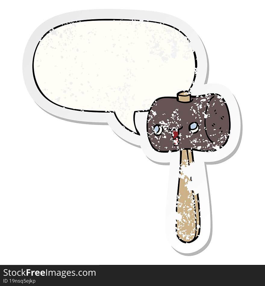 cartoon mallet and speech bubble distressed sticker