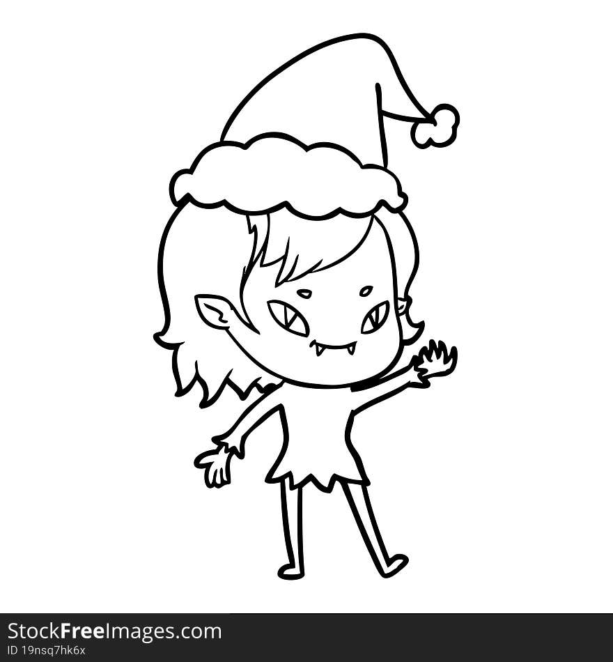 line drawing of a friendly vampire girl wearing santa hat