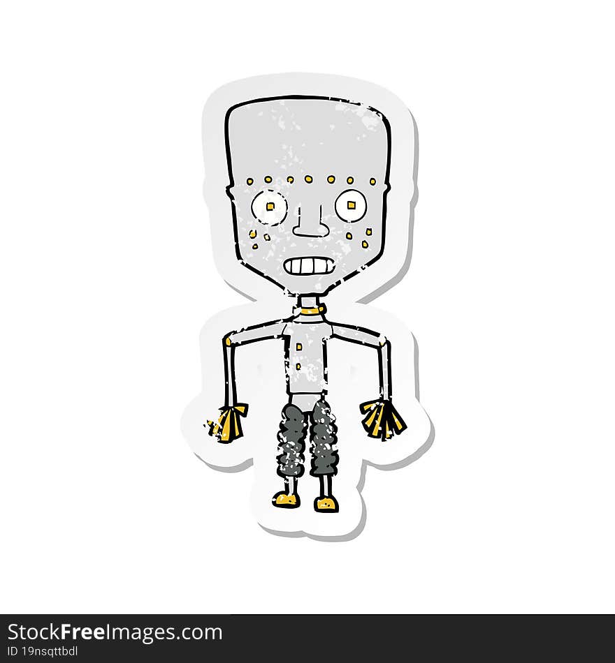 retro distressed sticker of a funny cartoon robot