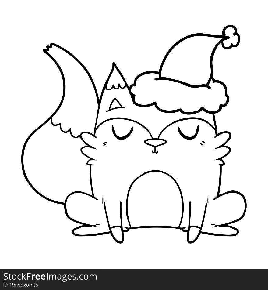 Line Drawing Of A Fox Wearing Santa Hat