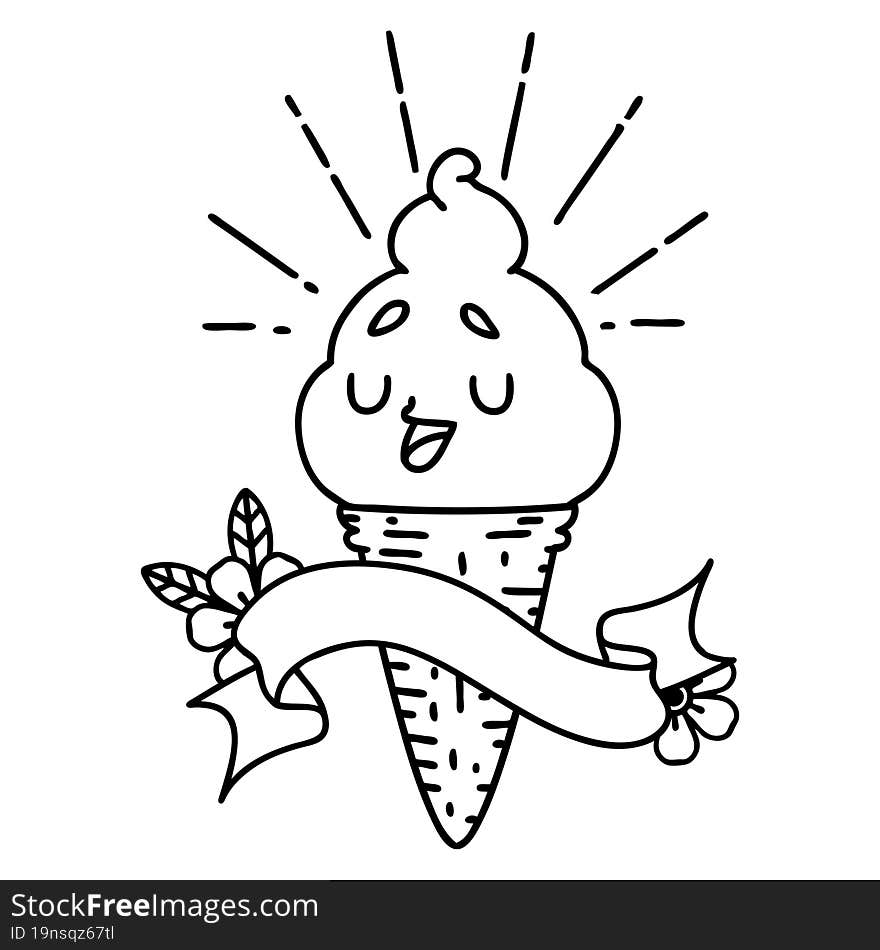 scroll banner with black line work tattoo style ice cream character