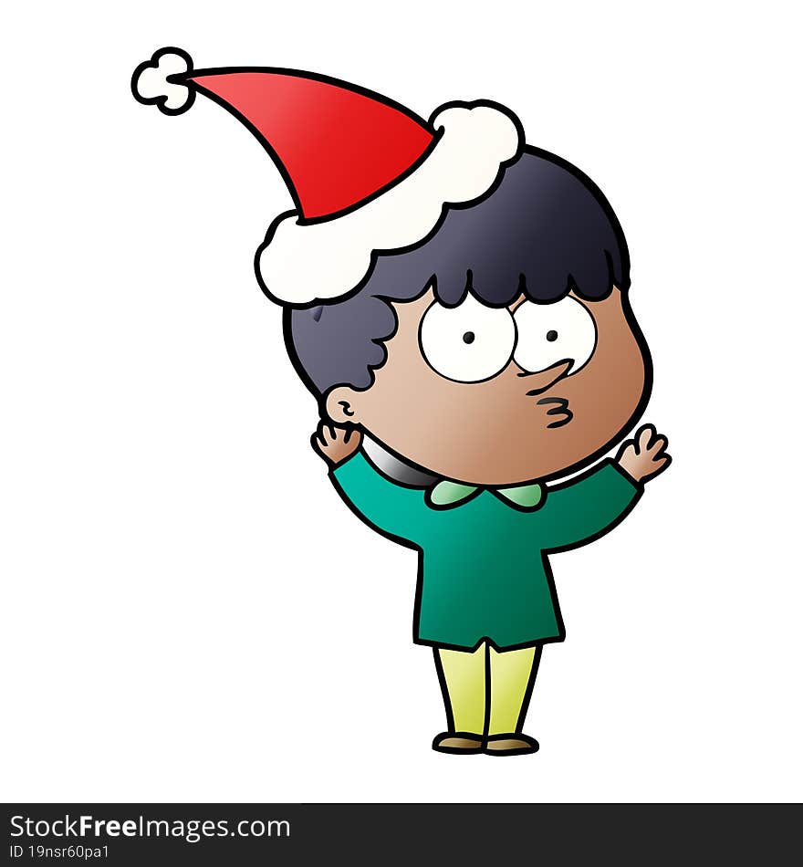 hand drawn gradient cartoon of a curious boy wearing santa hat