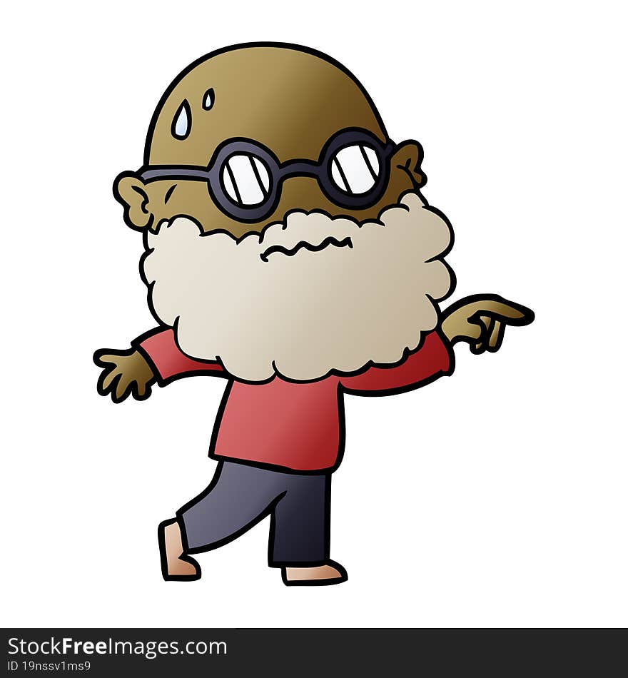 cartoon worried man with beard and spectacles pointing finger. cartoon worried man with beard and spectacles pointing finger