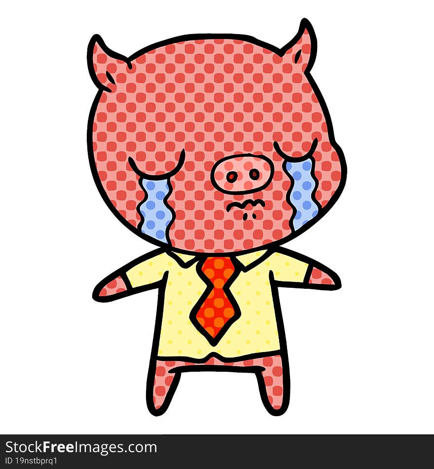 cartoon pig crying wearing shirt and tie. cartoon pig crying wearing shirt and tie