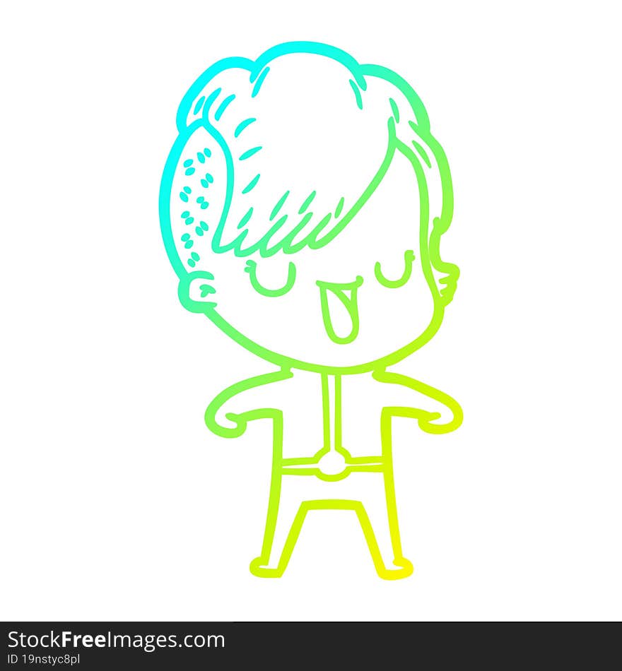 cold gradient line drawing of a cute cartoon girl with hipster haircut