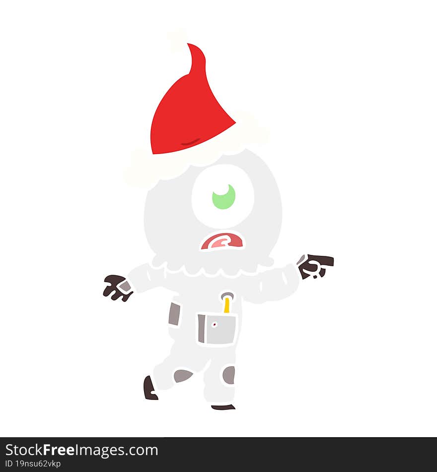 flat color illustration of a cyclops alien spaceman pointing wearing santa hat