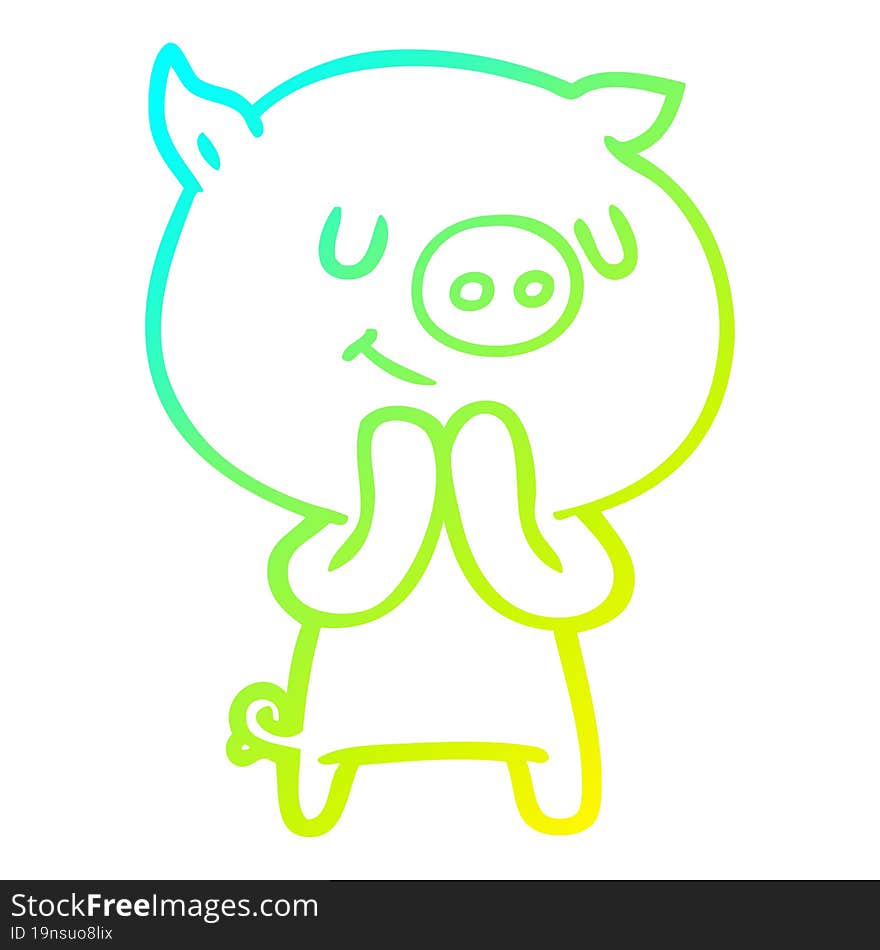 cold gradient line drawing of a happy cartoon pig