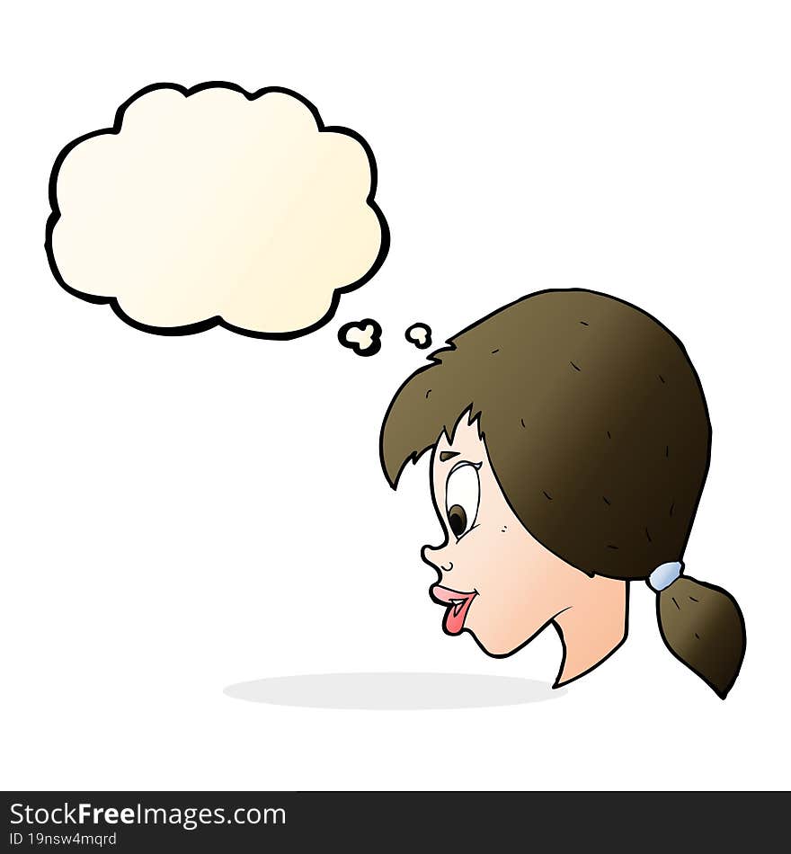 cartoon pretty female face with thought bubble