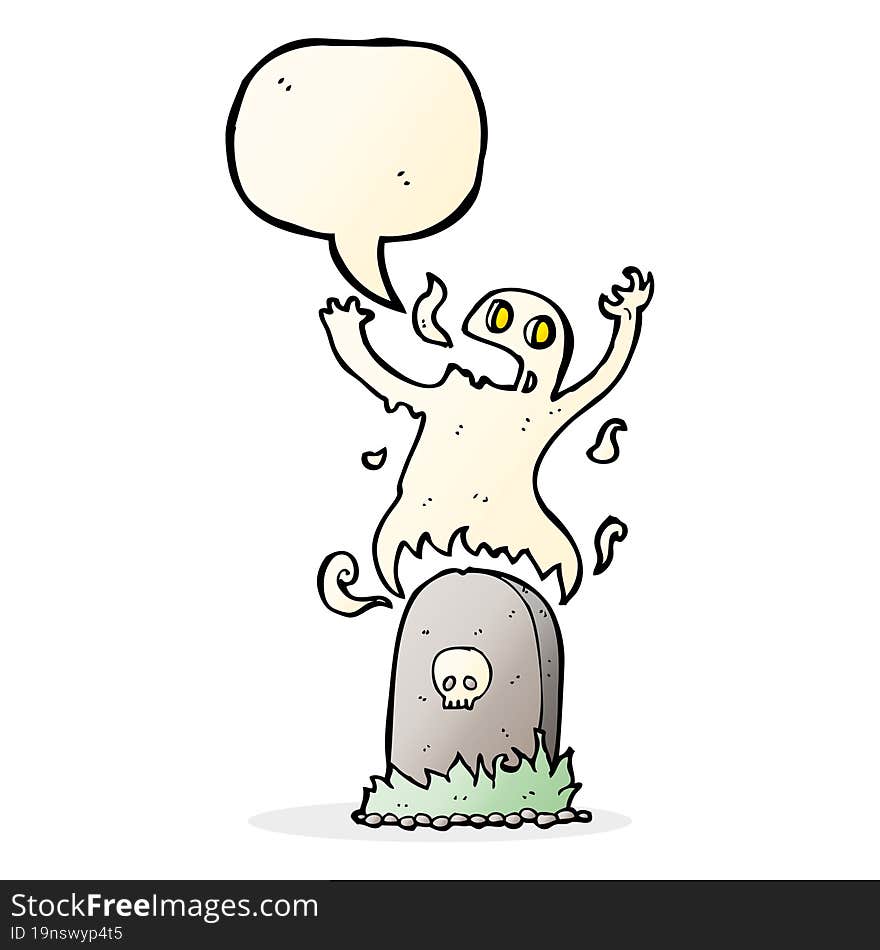 cartoon ghost rising from grave with speech bubble