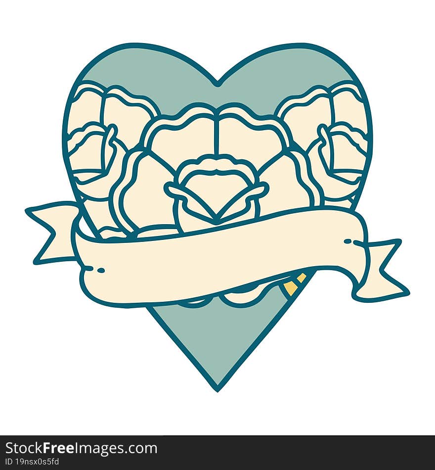 iconic tattoo style image of a heart and banner with flowers. iconic tattoo style image of a heart and banner with flowers