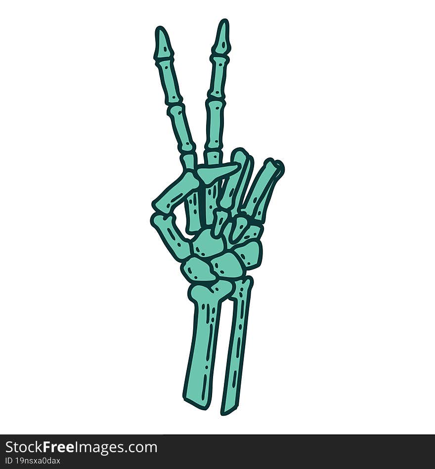 tattoo style icon of a skeleton hand giving a peace sign