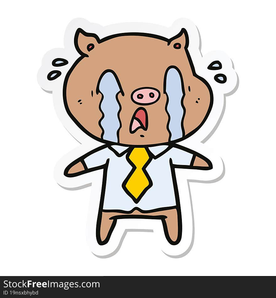 sticker of a crying pig cartoon wearing human clothes