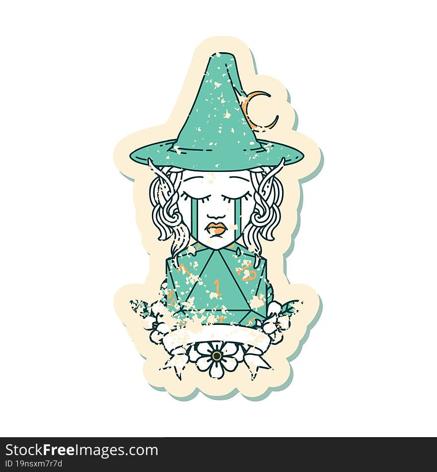 crying elf mage character with natural one dice roll illustration