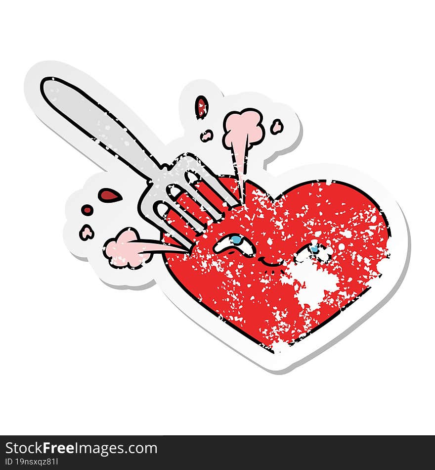 distressed sticker of a cartoon love heart stuck with fork