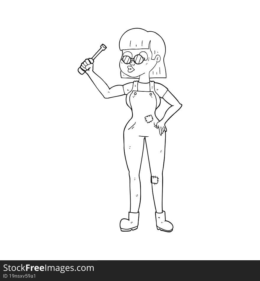 black and white cartoon female mechanic