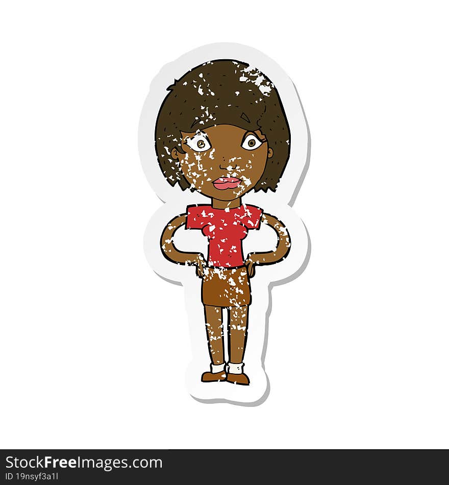 retro distressed sticker of a cartoon worried woman