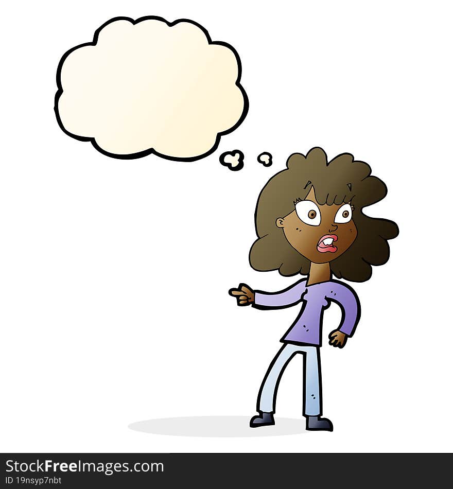 cartoon worried woman pointing with thought bubble