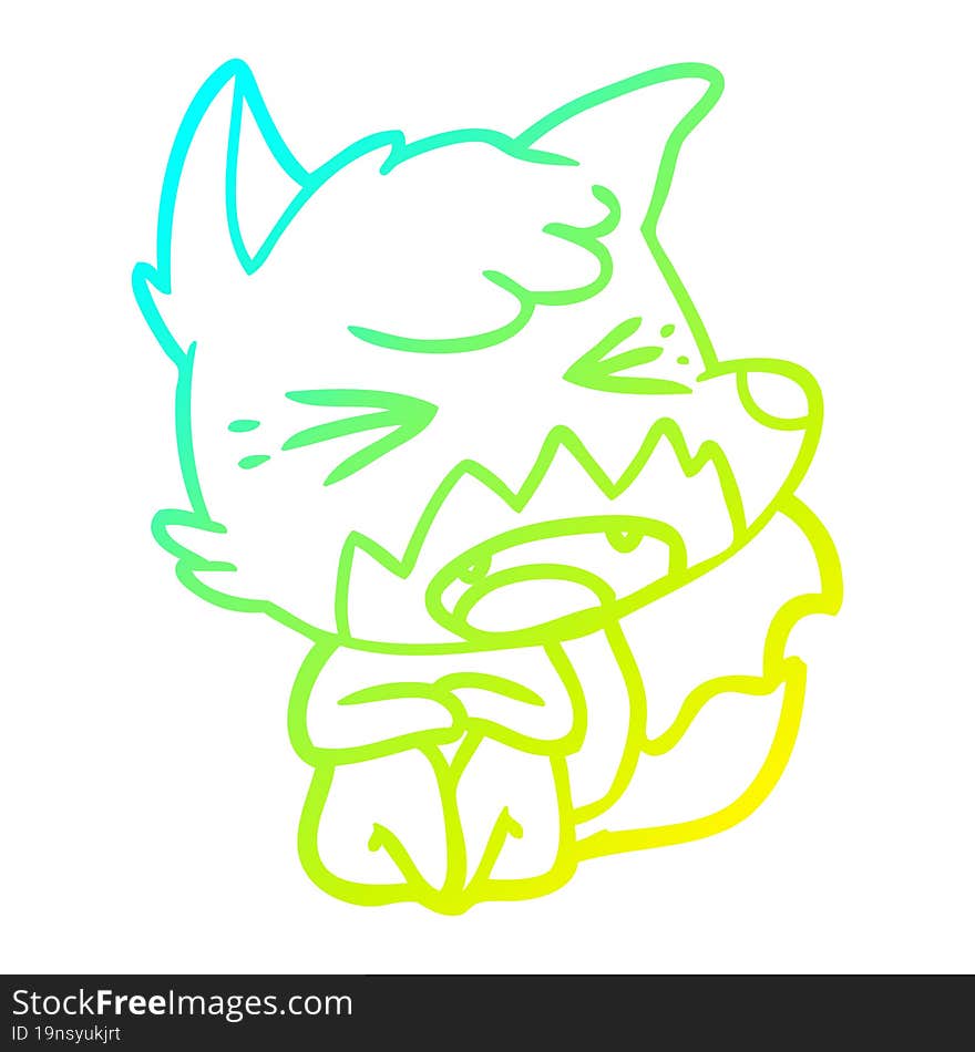 cold gradient line drawing of a angry cartoon fox sitting on floor