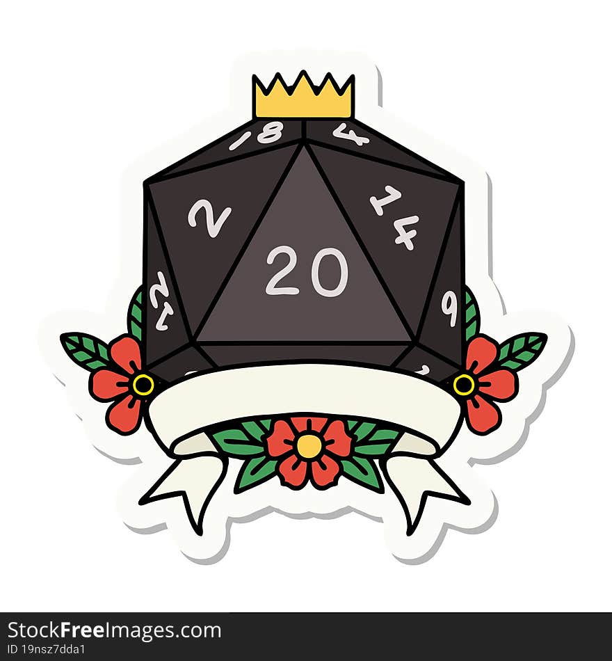 sticker of a natural 20 critical hit D20 dice roll. sticker of a natural 20 critical hit D20 dice roll